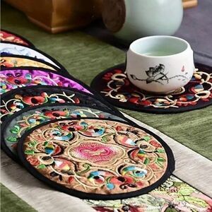 4pc Set Embroidered Cloth Table Mats  Durable Protective Coasters Assorted